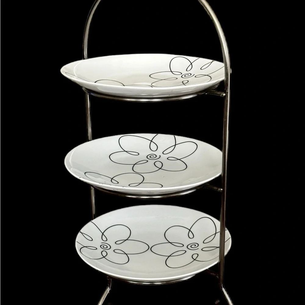 Crate & Barrel Cambridge Satin Nickel 3-Tier Stand With 9” Removable Plates 24H